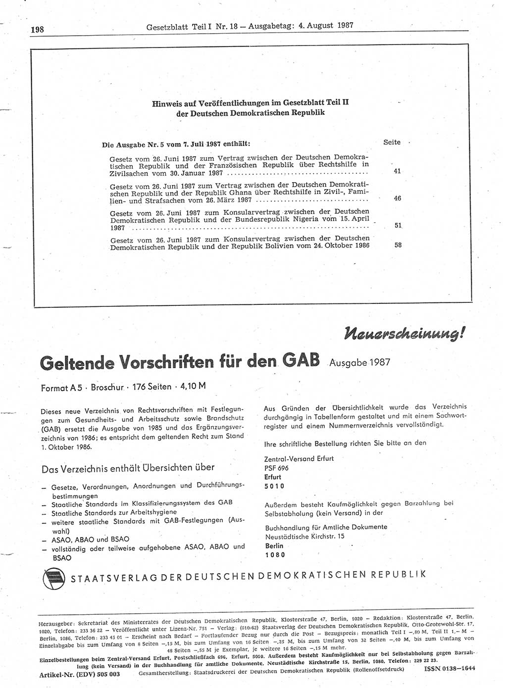 Gesetzblatt (GBl.) der Deutschen Demokratischen Republik (DDR) Teil Ⅰ 1987, Seite 198 (GBl. DDR Ⅰ 1987, S. 198)