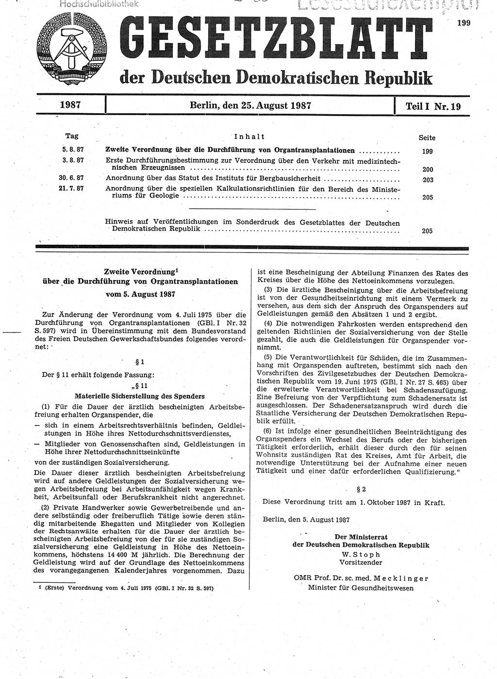 Gesetzblatt (GBl.) der Deutschen Demokratischen Republik (DDR) Teil Ⅰ 1987, Seite 199 (GBl. DDR Ⅰ 1987, S. 199)