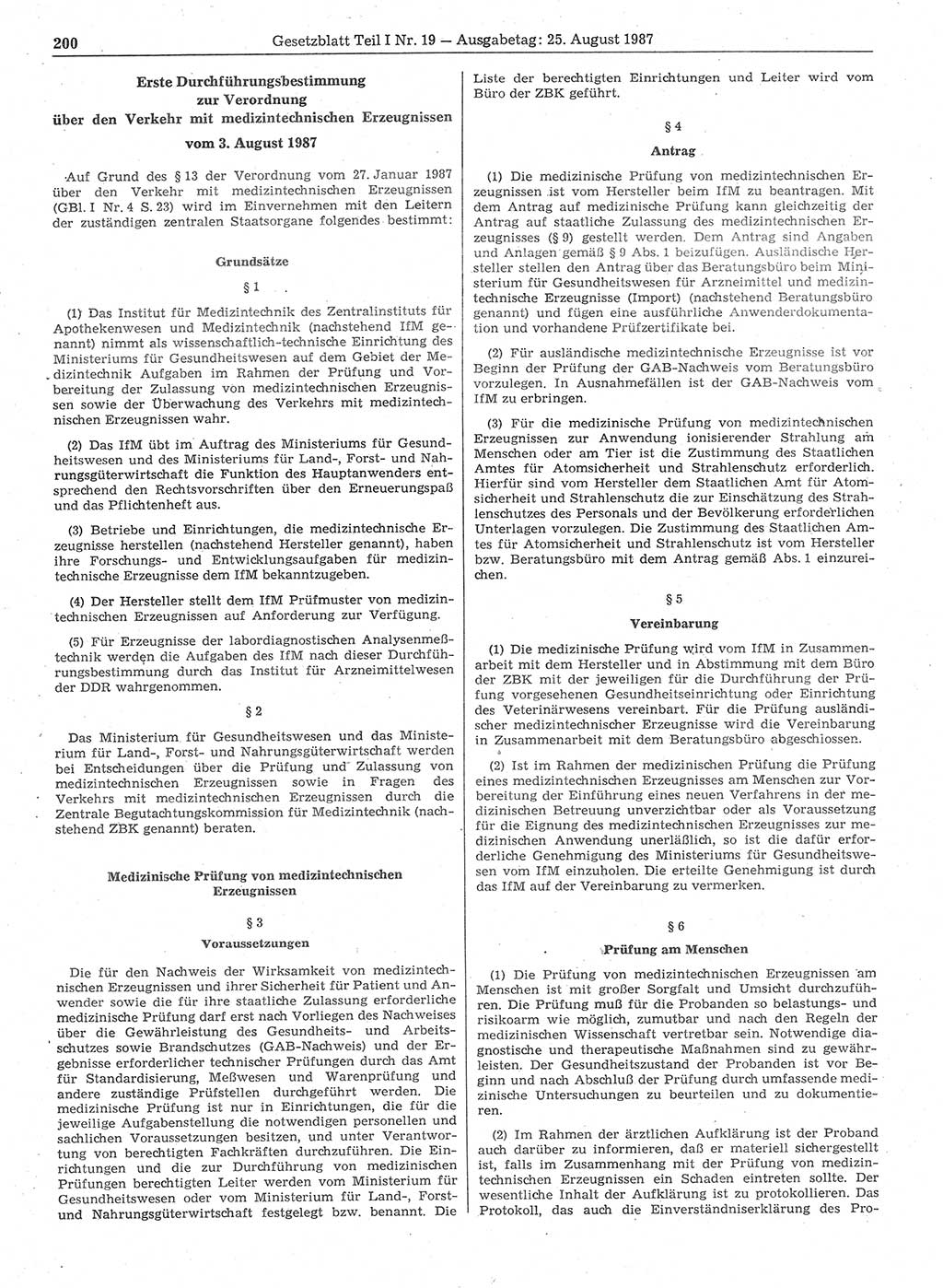 Gesetzblatt (GBl.) der Deutschen Demokratischen Republik (DDR) Teil Ⅰ 1987, Seite 200 (GBl. DDR Ⅰ 1987, S. 200)