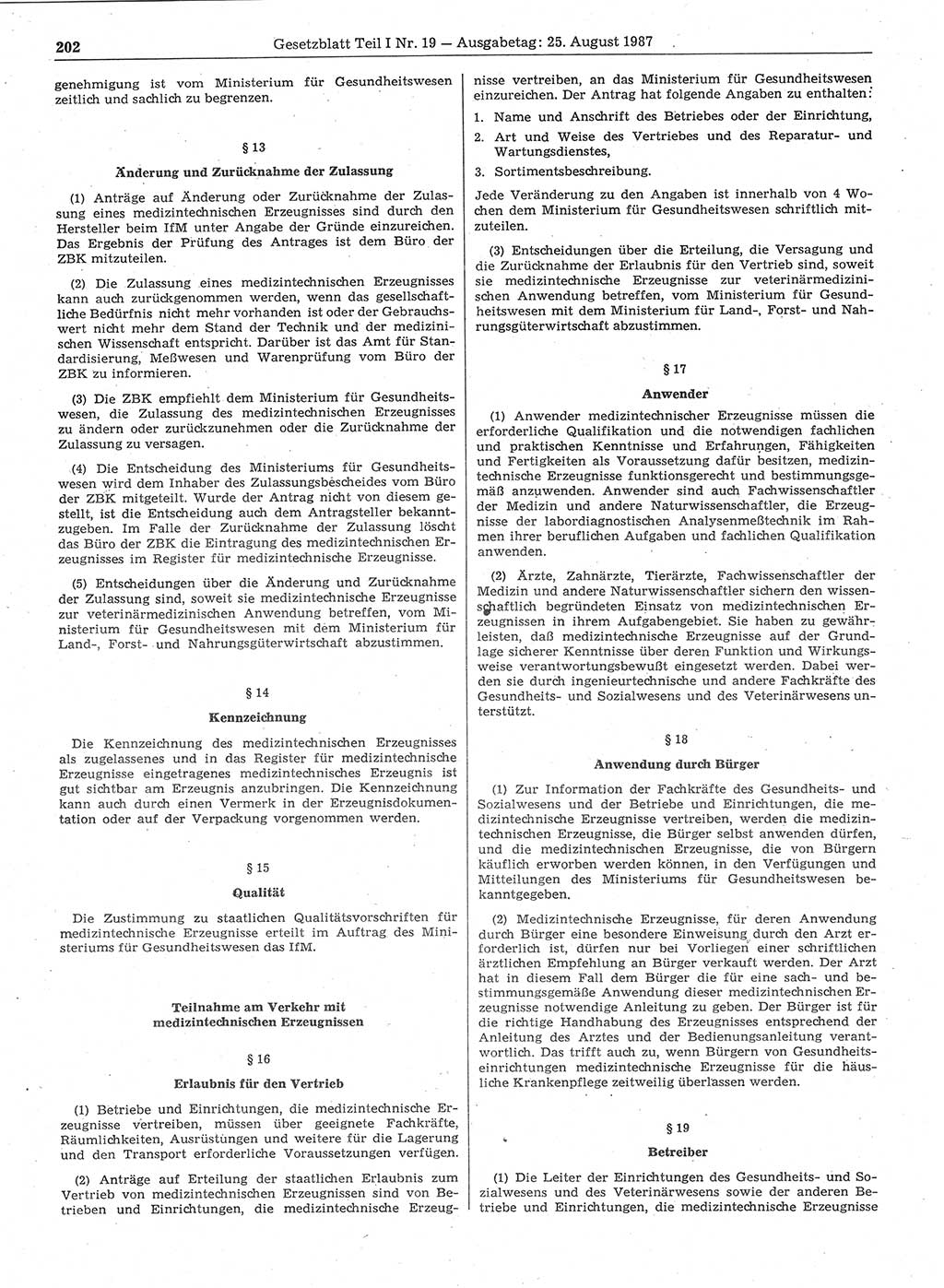 Gesetzblatt (GBl.) der Deutschen Demokratischen Republik (DDR) Teil Ⅰ 1987, Seite 202 (GBl. DDR Ⅰ 1987, S. 202)