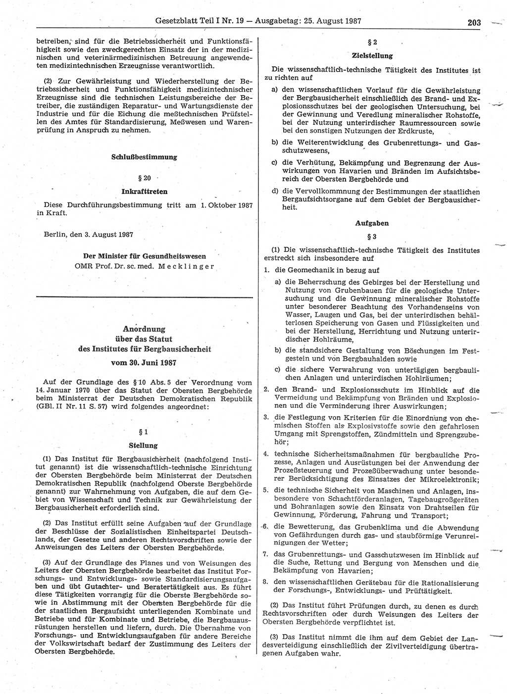 Gesetzblatt (GBl.) der Deutschen Demokratischen Republik (DDR) Teil Ⅰ 1987, Seite 203 (GBl. DDR Ⅰ 1987, S. 203)
