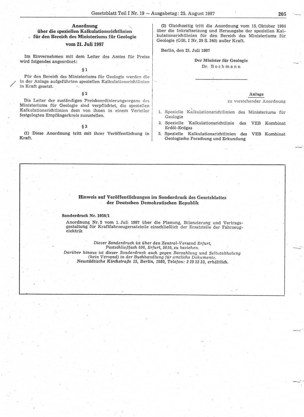 Gesetzblatt (GBl.) der Deutschen Demokratischen Republik (DDR) Teil Ⅰ 1987, Seite 205 (GBl. DDR Ⅰ 1987, S. 205)