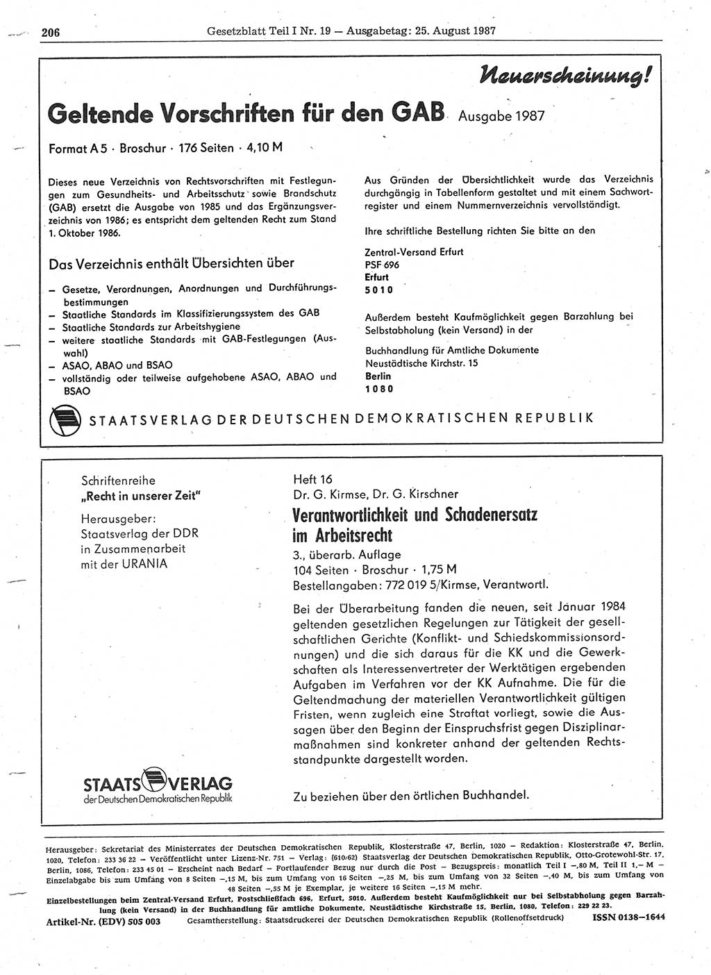 Gesetzblatt (GBl.) der Deutschen Demokratischen Republik (DDR) Teil Ⅰ 1987, Seite 206 (GBl. DDR Ⅰ 1987, S. 206)