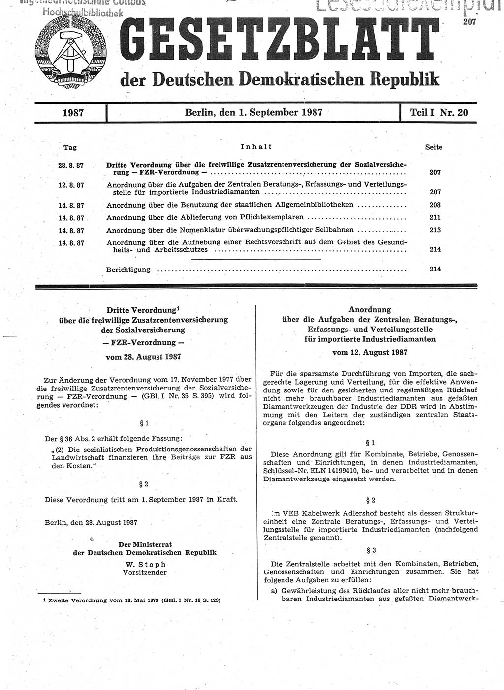 Gesetzblatt (GBl.) der Deutschen Demokratischen Republik (DDR) Teil Ⅰ 1987, Seite 207 (GBl. DDR Ⅰ 1987, S. 207)