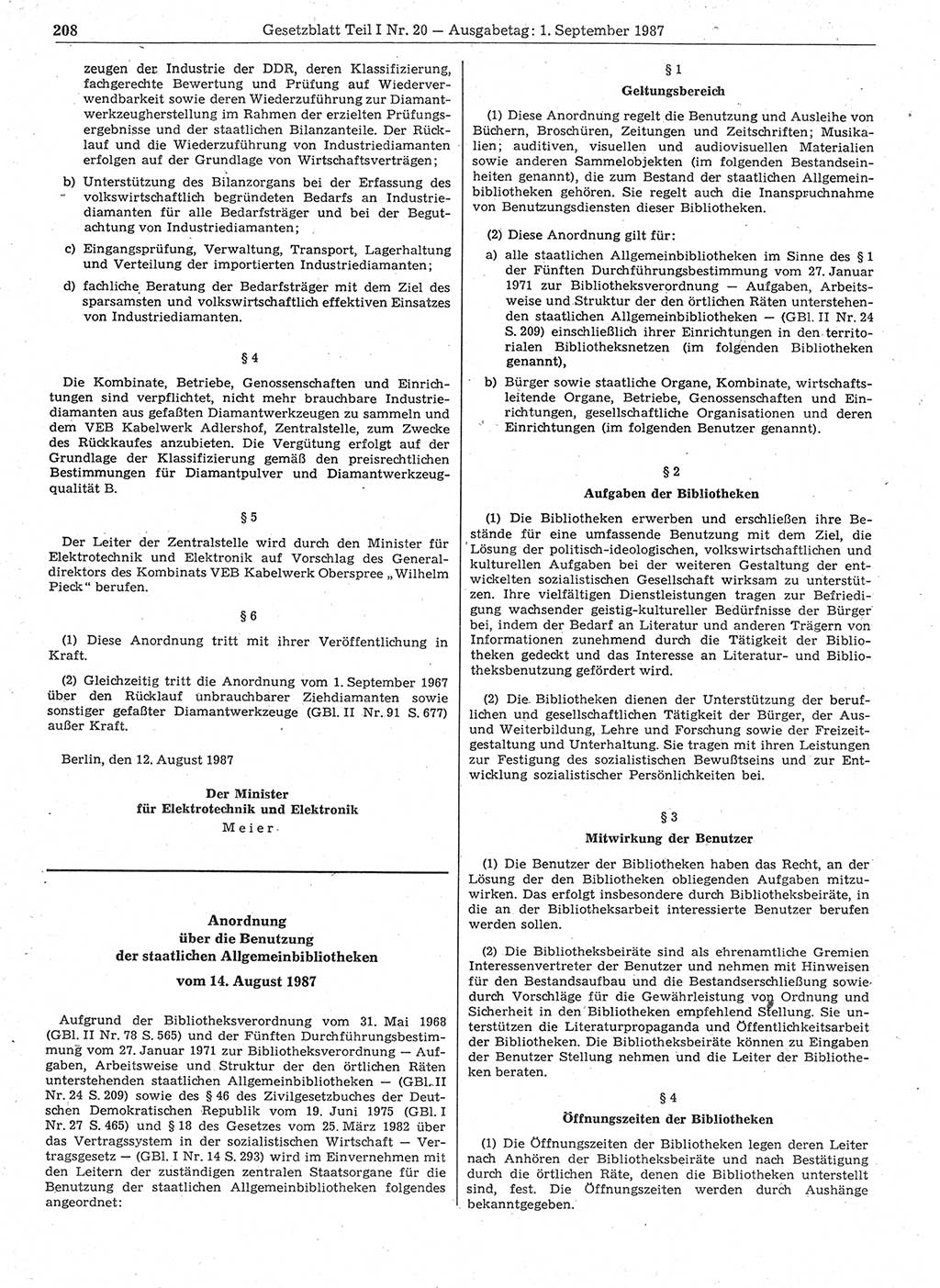Gesetzblatt (GBl.) der Deutschen Demokratischen Republik (DDR) Teil Ⅰ 1987, Seite 208 (GBl. DDR Ⅰ 1987, S. 208)