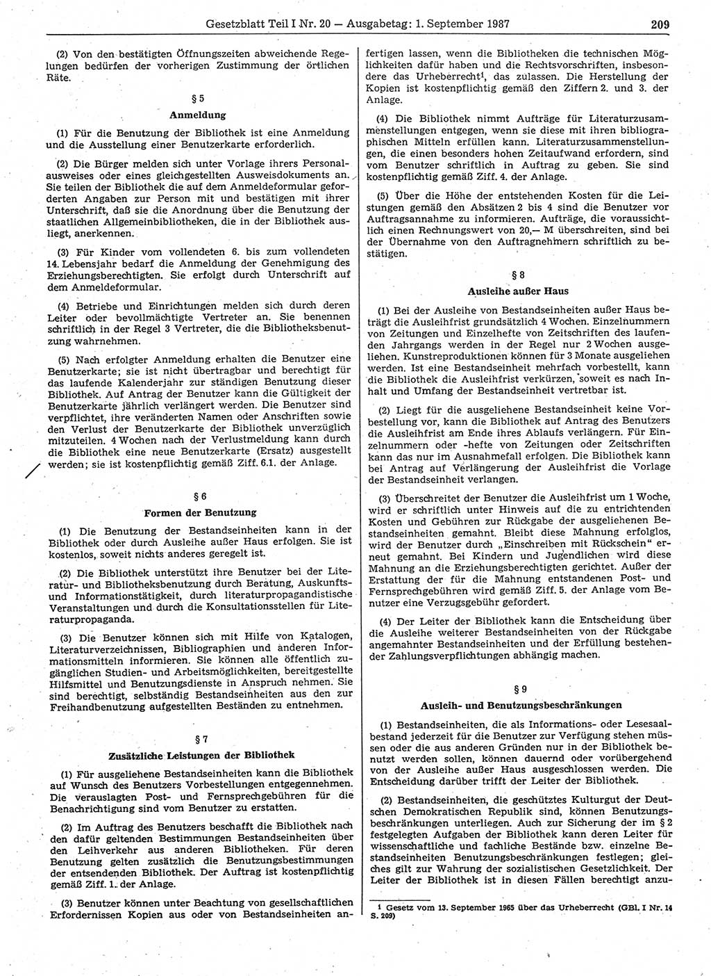 Gesetzblatt (GBl.) der Deutschen Demokratischen Republik (DDR) Teil Ⅰ 1987, Seite 209 (GBl. DDR Ⅰ 1987, S. 209)