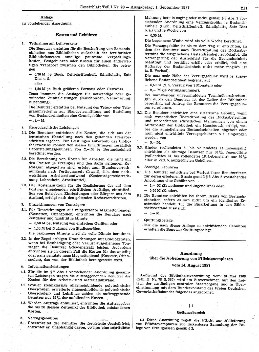 Gesetzblatt (GBl.) der Deutschen Demokratischen Republik (DDR) Teil Ⅰ 1987, Seite 211 (GBl. DDR Ⅰ 1987, S. 211)