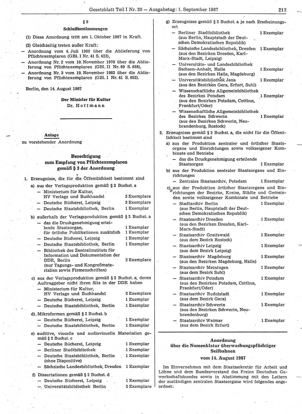 Gesetzblatt (GBl.) der Deutschen Demokratischen Republik (DDR) Teil Ⅰ 1987, Seite 213 (GBl. DDR Ⅰ 1987, S. 213)