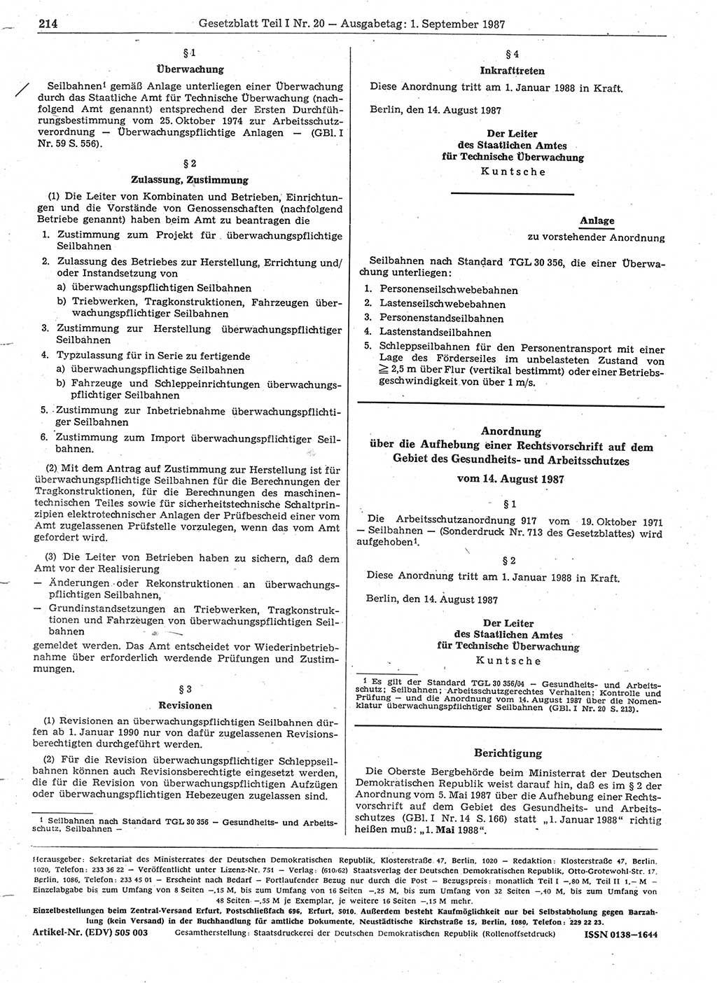 Gesetzblatt (GBl.) der Deutschen Demokratischen Republik (DDR) Teil Ⅰ 1987, Seite 214 (GBl. DDR Ⅰ 1987, S. 214)