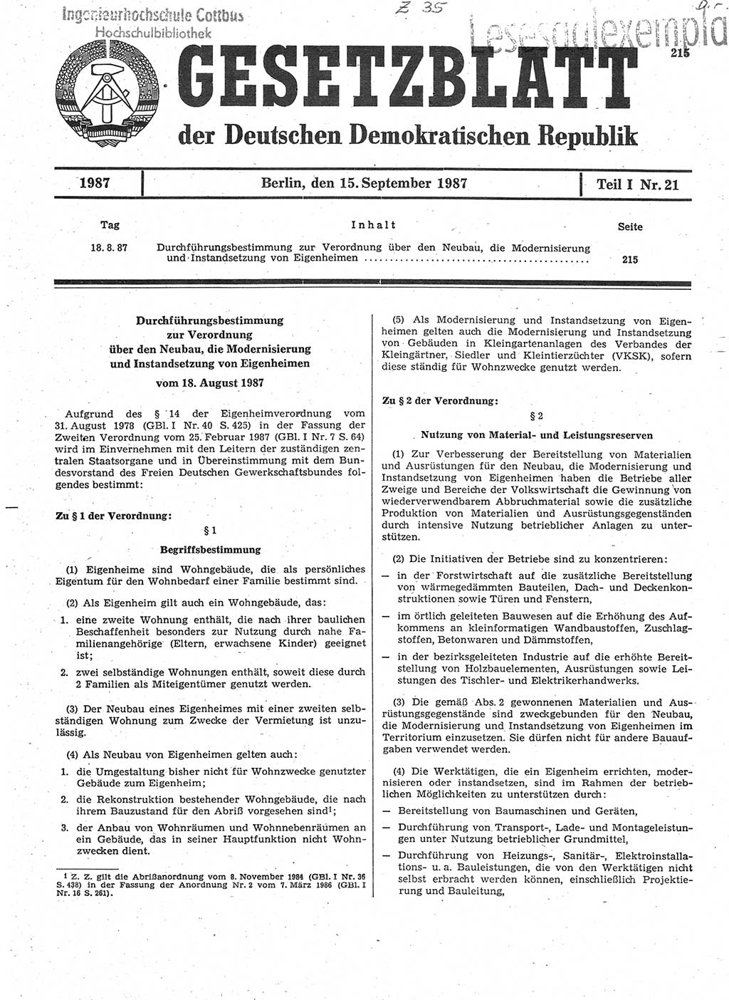 Gesetzblatt (GBl.) der Deutschen Demokratischen Republik (DDR) Teil Ⅰ 1987, Seite 215 (GBl. DDR Ⅰ 1987, S. 215)