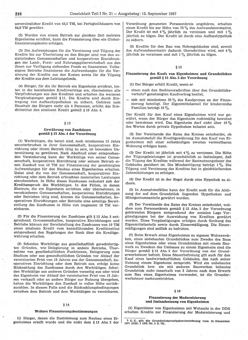 Gesetzblatt (GBl.) der Deutschen Demokratischen Republik (DDR) Teil Ⅰ 1987, Seite 218 (GBl. DDR Ⅰ 1987, S. 218)