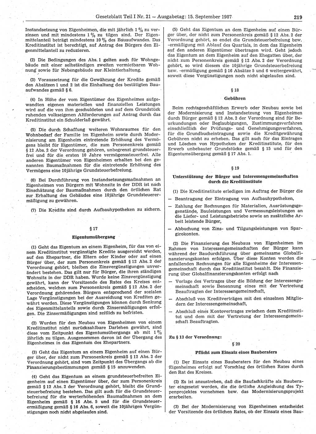 Gesetzblatt (GBl.) der Deutschen Demokratischen Republik (DDR) Teil Ⅰ 1987, Seite 219 (GBl. DDR Ⅰ 1987, S. 219)