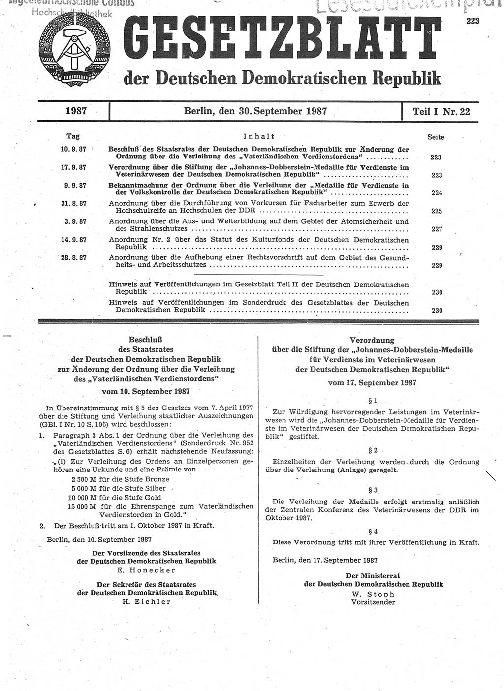 Gesetzblatt (GBl.) der Deutschen Demokratischen Republik (DDR) Teil Ⅰ 1987, Seite 223 (GBl. DDR Ⅰ 1987, S. 223)