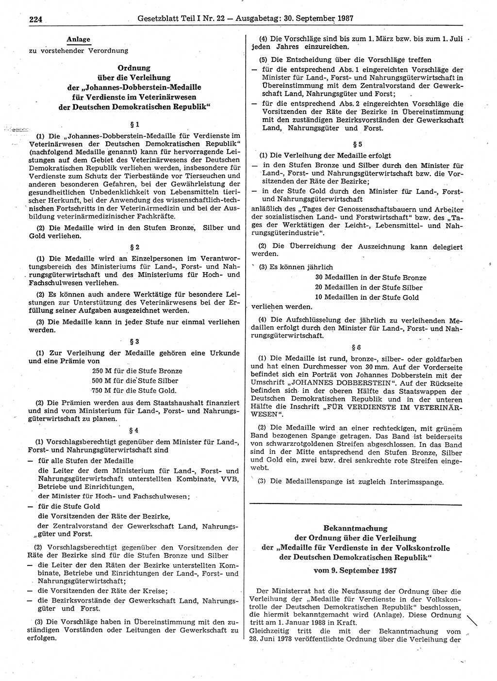 Gesetzblatt (GBl.) der Deutschen Demokratischen Republik (DDR) Teil Ⅰ 1987, Seite 224 (GBl. DDR Ⅰ 1987, S. 224)