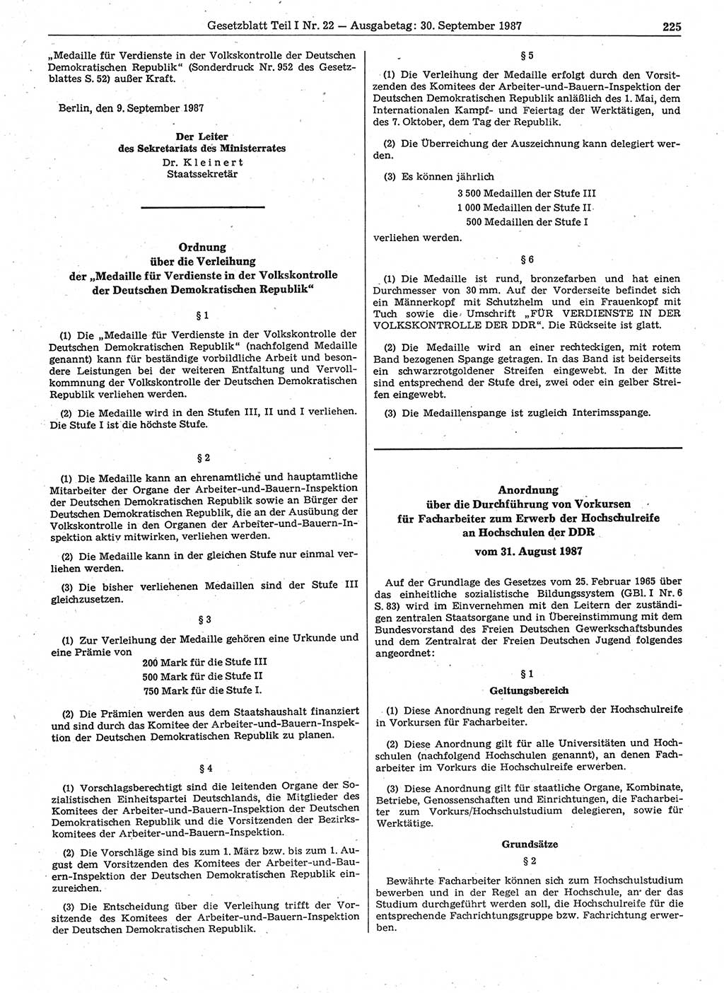 Gesetzblatt (GBl.) der Deutschen Demokratischen Republik (DDR) Teil Ⅰ 1987, Seite 225 (GBl. DDR Ⅰ 1987, S. 225)