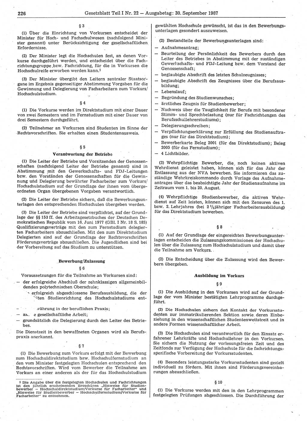 Gesetzblatt (GBl.) der Deutschen Demokratischen Republik (DDR) Teil Ⅰ 1987, Seite 226 (GBl. DDR Ⅰ 1987, S. 226)