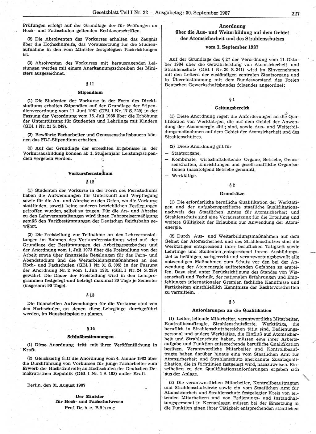 Gesetzblatt (GBl.) der Deutschen Demokratischen Republik (DDR) Teil Ⅰ 1987, Seite 227 (GBl. DDR Ⅰ 1987, S. 227)