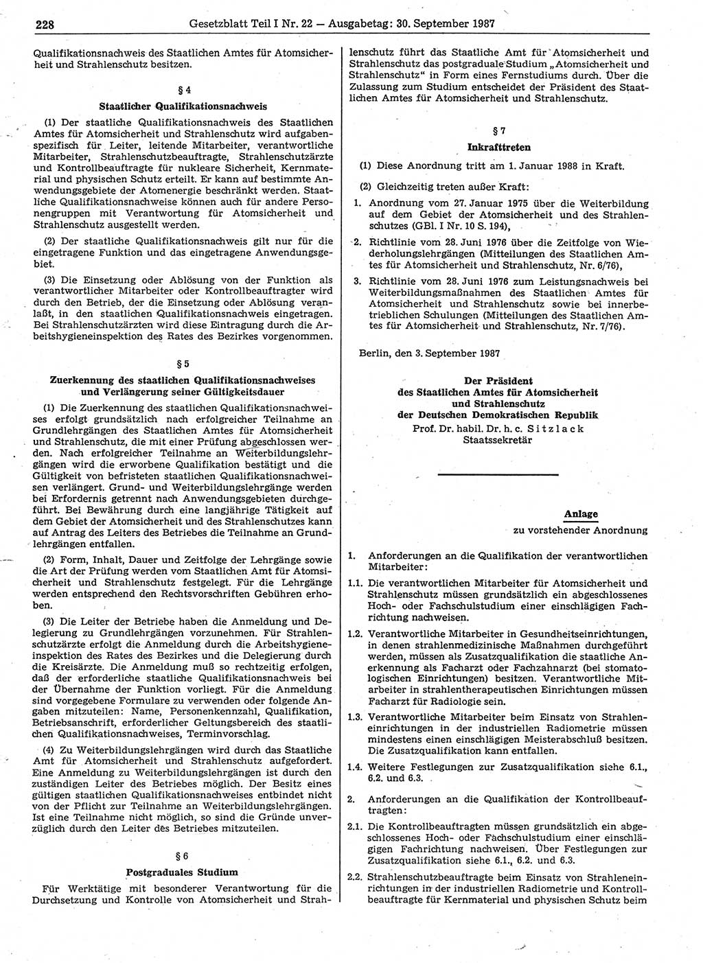Gesetzblatt (GBl.) der Deutschen Demokratischen Republik (DDR) Teil Ⅰ 1987, Seite 228 (GBl. DDR Ⅰ 1987, S. 228)