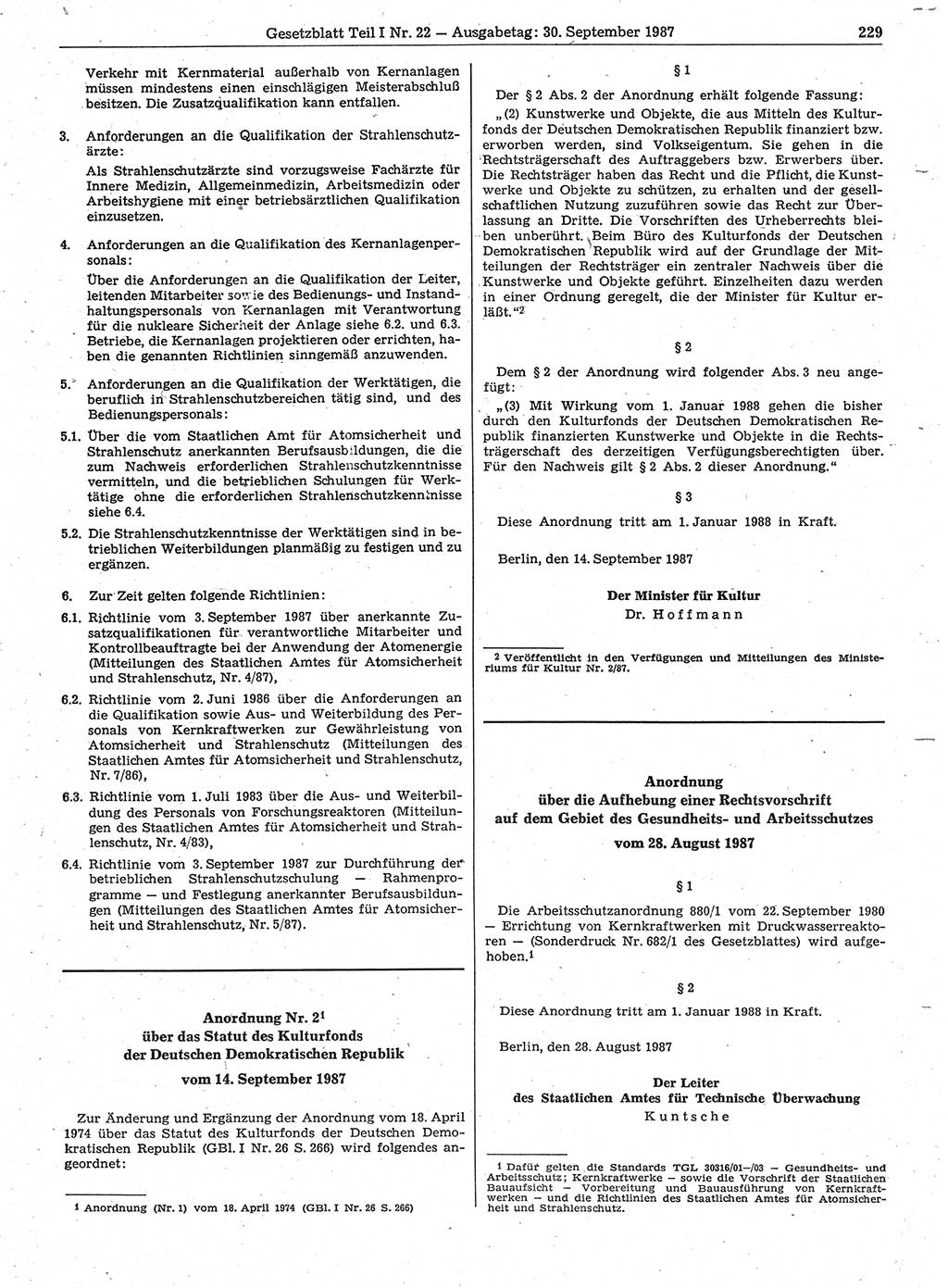 Gesetzblatt (GBl.) der Deutschen Demokratischen Republik (DDR) Teil Ⅰ 1987, Seite 229 (GBl. DDR Ⅰ 1987, S. 229)