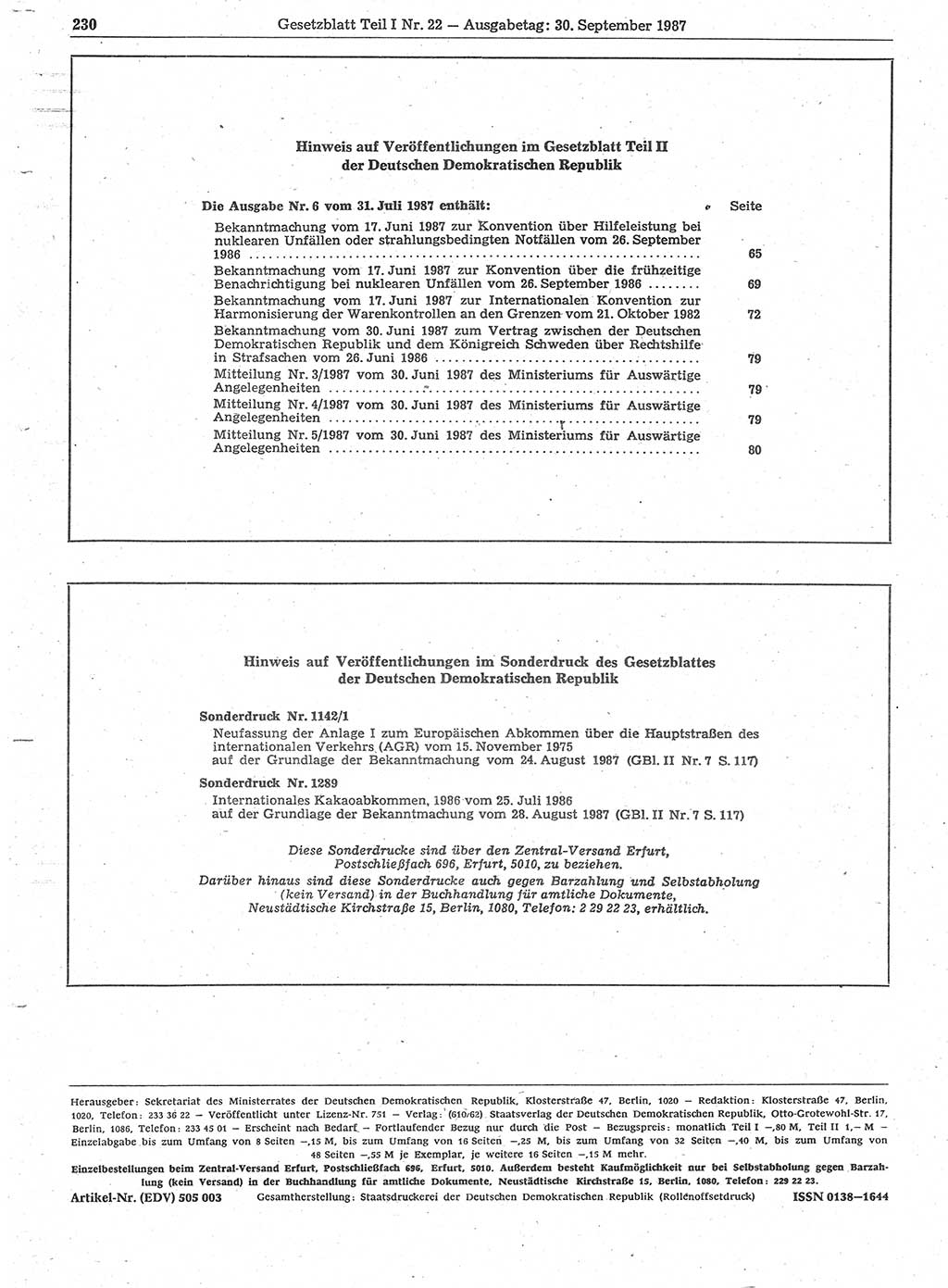 Gesetzblatt (GBl.) der Deutschen Demokratischen Republik (DDR) Teil Ⅰ 1987, Seite 230 (GBl. DDR Ⅰ 1987, S. 230)