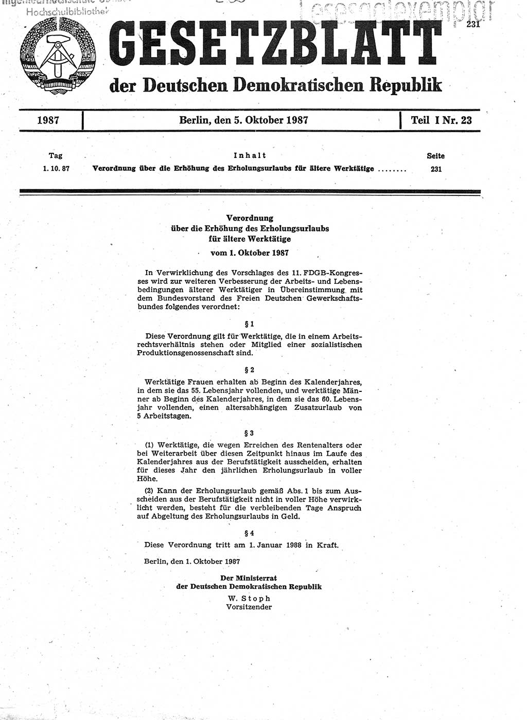 Gesetzblatt (GBl.) der Deutschen Demokratischen Republik (DDR) Teil Ⅰ 1987, Seite 231 (GBl. DDR Ⅰ 1987, S. 231)