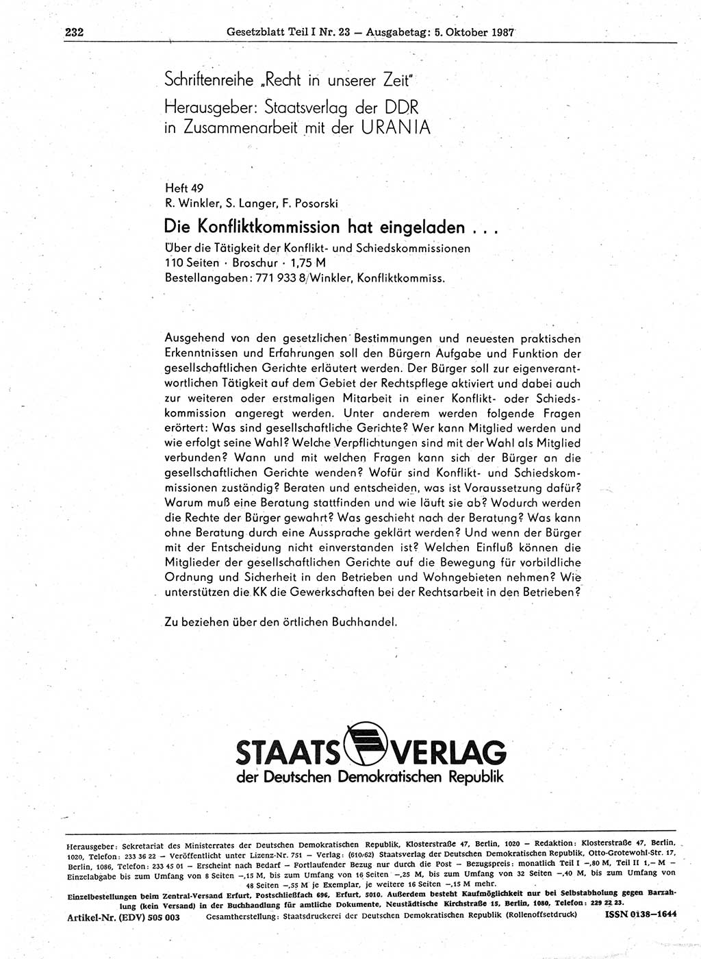 Gesetzblatt (GBl.) der Deutschen Demokratischen Republik (DDR) Teil Ⅰ 1987, Seite 232 (GBl. DDR Ⅰ 1987, S. 232)