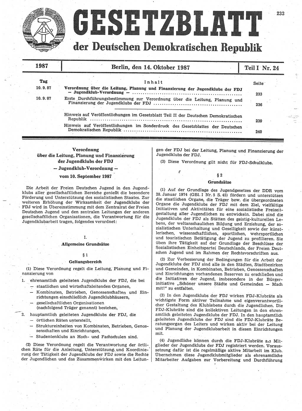 Gesetzblatt (GBl.) der Deutschen Demokratischen Republik (DDR) Teil Ⅰ 1987, Seite 233 (GBl. DDR Ⅰ 1987, S. 233)