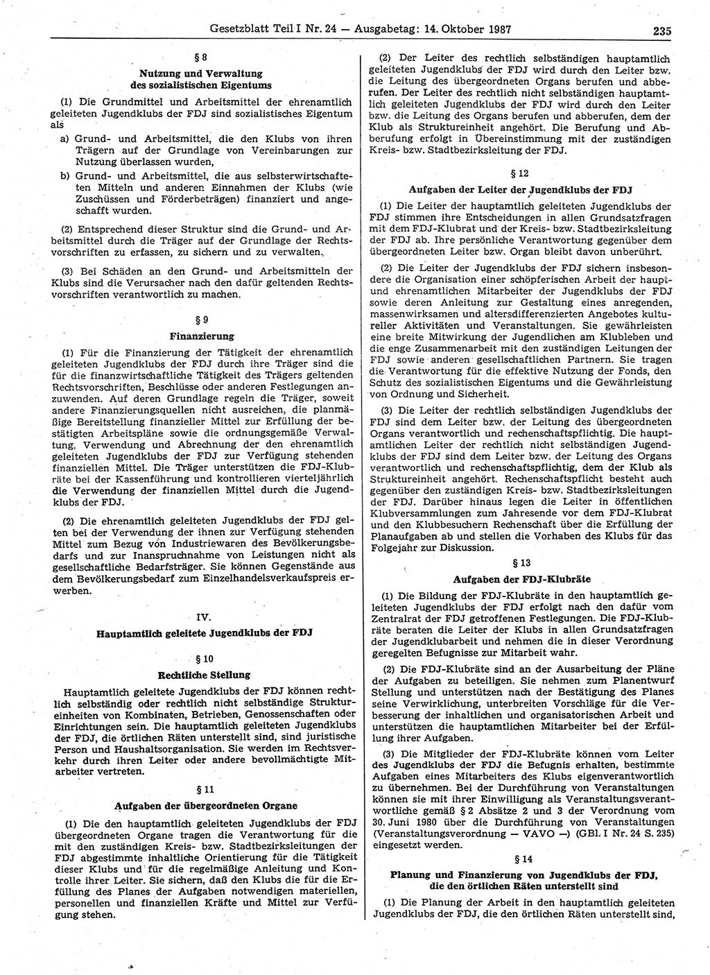 Gesetzblatt (GBl.) der Deutschen Demokratischen Republik (DDR) Teil Ⅰ 1987, Seite 235 (GBl. DDR Ⅰ 1987, S. 235)