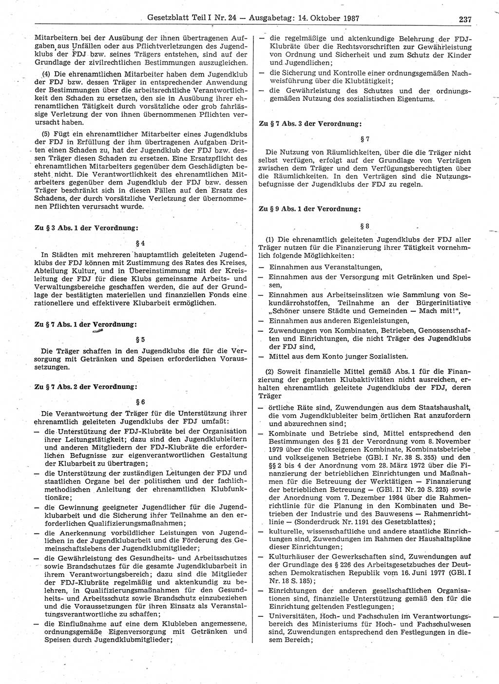 Gesetzblatt (GBl.) der Deutschen Demokratischen Republik (DDR) Teil Ⅰ 1987, Seite 237 (GBl. DDR Ⅰ 1987, S. 237)