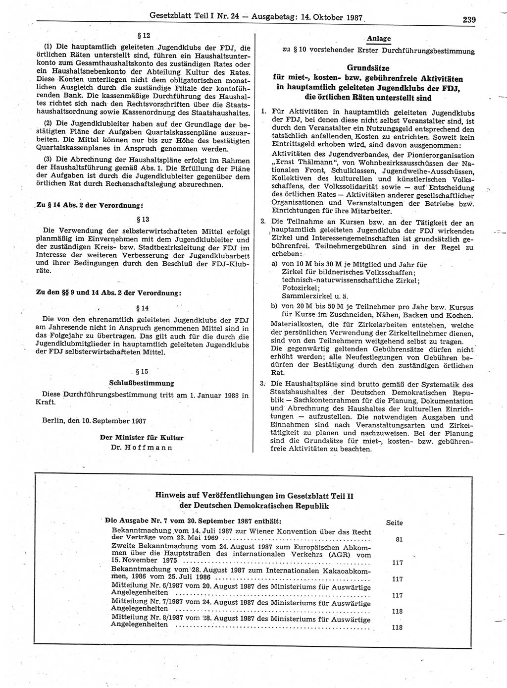 Gesetzblatt (GBl.) der Deutschen Demokratischen Republik (DDR) Teil Ⅰ 1987, Seite 239 (GBl. DDR Ⅰ 1987, S. 239)