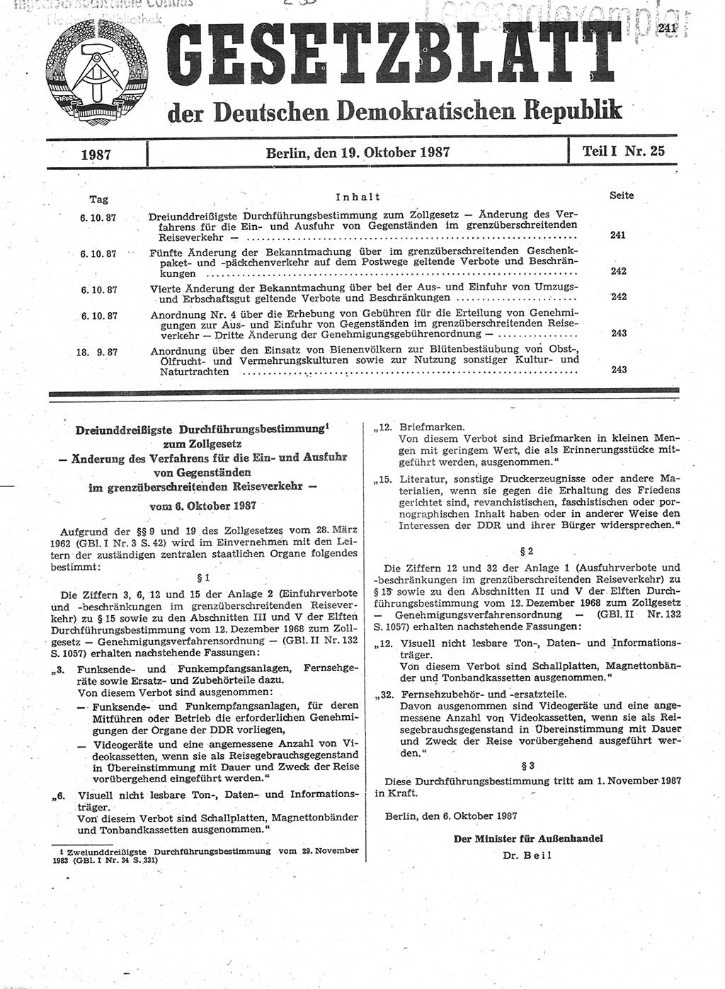 Gesetzblatt (GBl.) der Deutschen Demokratischen Republik (DDR) Teil Ⅰ 1987, Seite 241 (GBl. DDR Ⅰ 1987, S. 241)