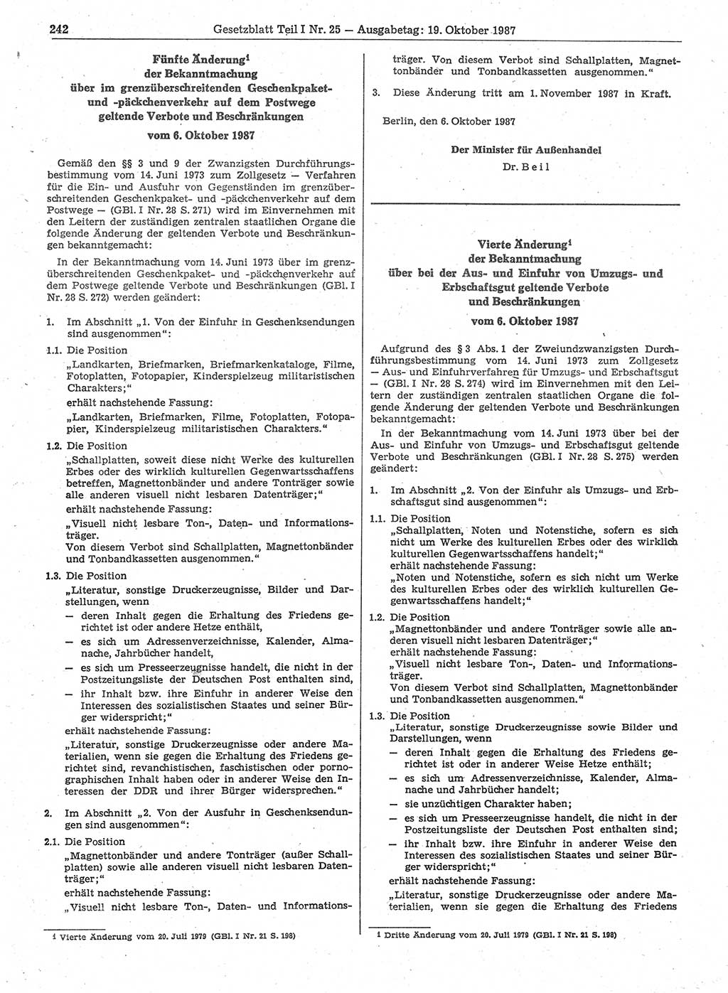 Gesetzblatt (GBl.) der Deutschen Demokratischen Republik (DDR) Teil Ⅰ 1987, Seite 242 (GBl. DDR Ⅰ 1987, S. 242)