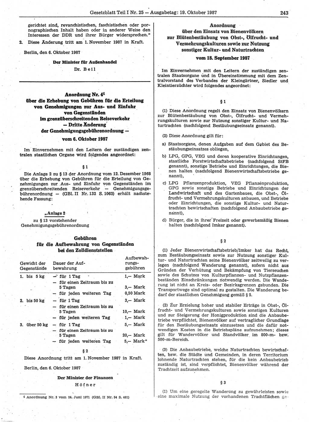 Gesetzblatt (GBl.) der Deutschen Demokratischen Republik (DDR) Teil Ⅰ 1987, Seite 243 (GBl. DDR Ⅰ 1987, S. 243)