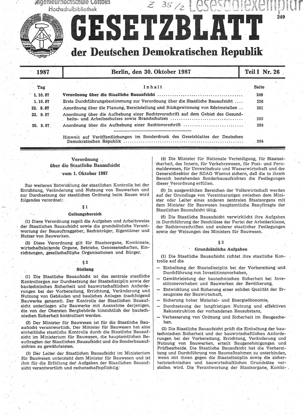 Gesetzblatt (GBl.) der Deutschen Demokratischen Republik (DDR) Teil Ⅰ 1987, Seite 249 (GBl. DDR Ⅰ 1987, S. 249)