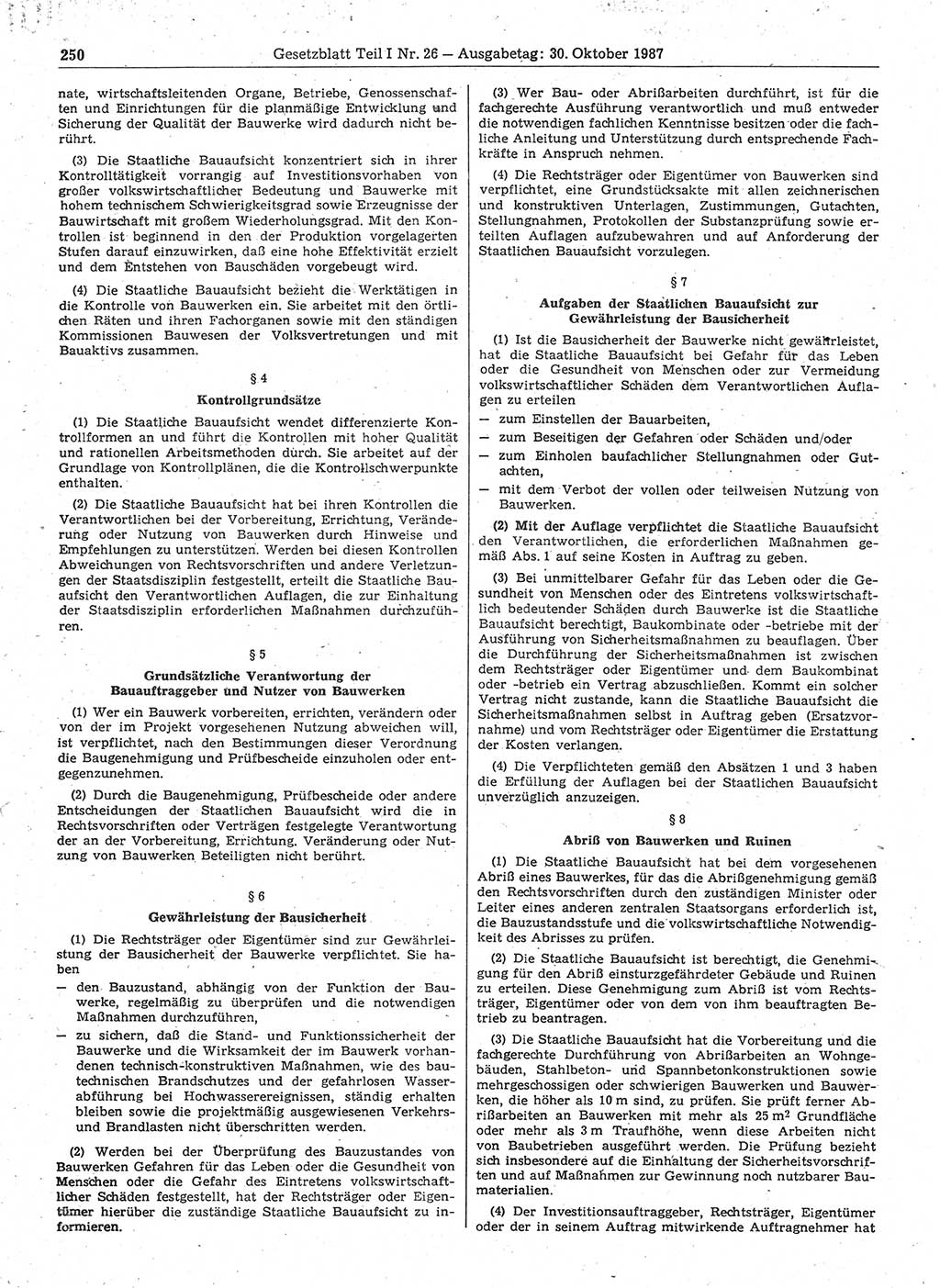 Gesetzblatt (GBl.) der Deutschen Demokratischen Republik (DDR) Teil Ⅰ 1987, Seite 250 (GBl. DDR Ⅰ 1987, S. 250)