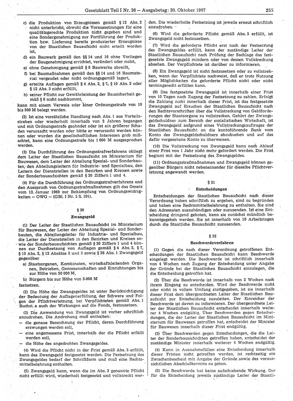 Gesetzblatt (GBl.) der Deutschen Demokratischen Republik (DDR) Teil Ⅰ 1987, Seite 255 (GBl. DDR Ⅰ 1987, S. 255)