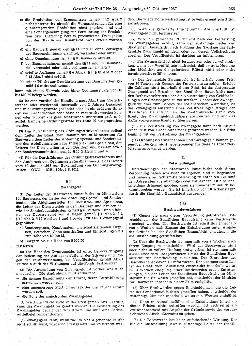 Gesetzblatt (GBl.) der Deutschen Demokratischen Republik (DDR) Teil Ⅰ 1987, Seite 255 (GBl. DDR Ⅰ 1987, S. 255)