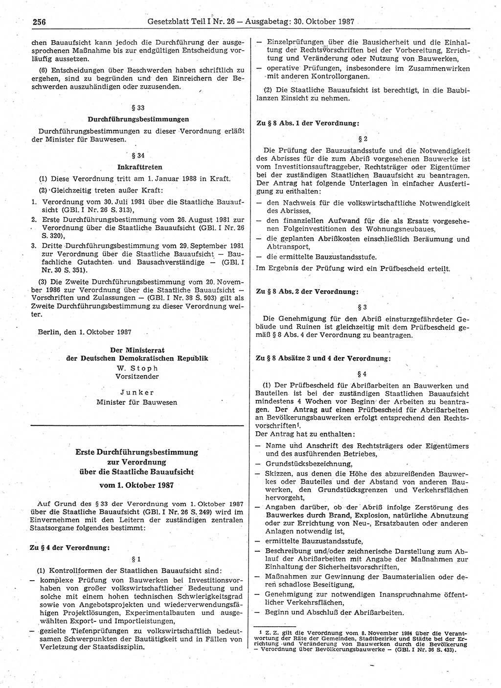 Gesetzblatt (GBl.) der Deutschen Demokratischen Republik (DDR) Teil Ⅰ 1987, Seite 256 (GBl. DDR Ⅰ 1987, S. 256)