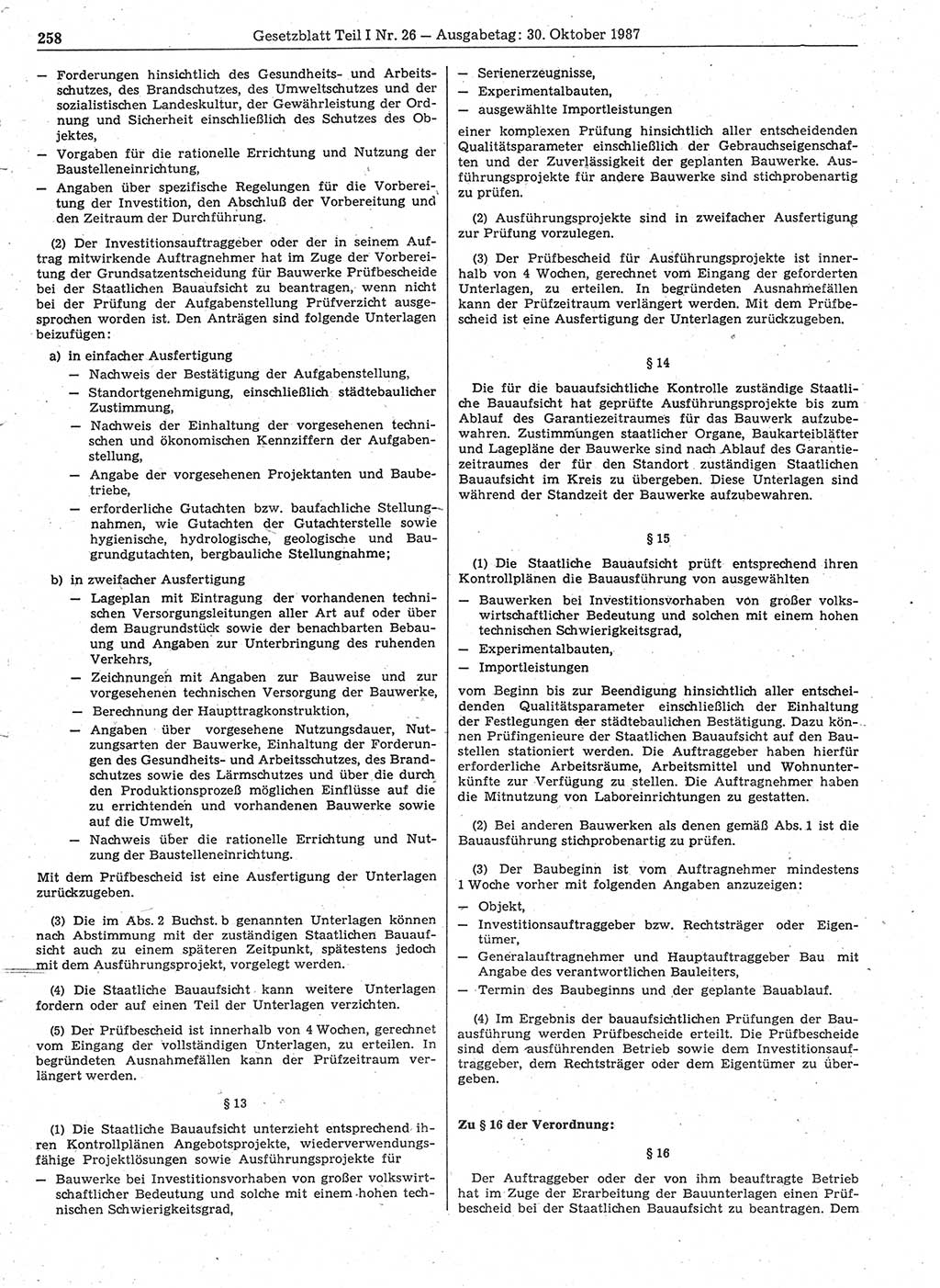 Gesetzblatt (GBl.) der Deutschen Demokratischen Republik (DDR) Teil Ⅰ 1987, Seite 258 (GBl. DDR Ⅰ 1987, S. 258)