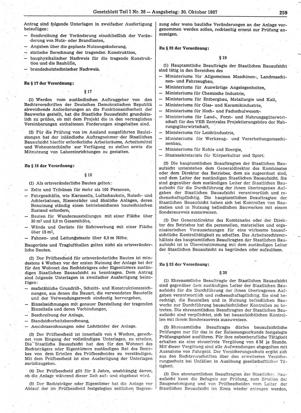 Gesetzblatt (GBl.) der Deutschen Demokratischen Republik (DDR) Teil Ⅰ 1987, Seite 259 (GBl. DDR Ⅰ 1987, S. 259)