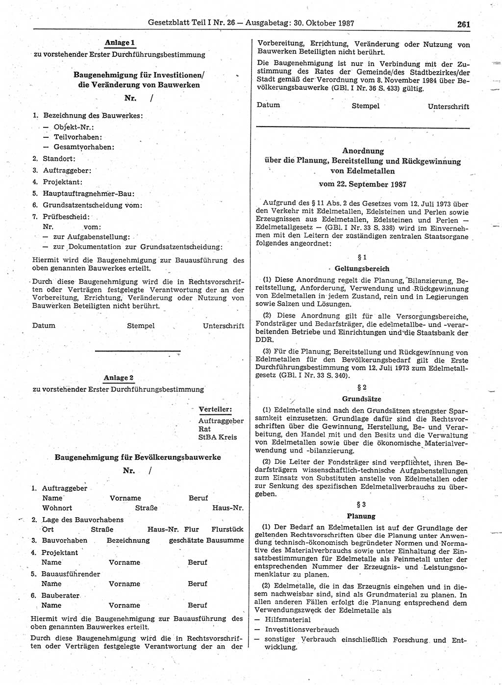 Gesetzblatt (GBl.) der Deutschen Demokratischen Republik (DDR) Teil Ⅰ 1987, Seite 261 (GBl. DDR Ⅰ 1987, S. 261)
