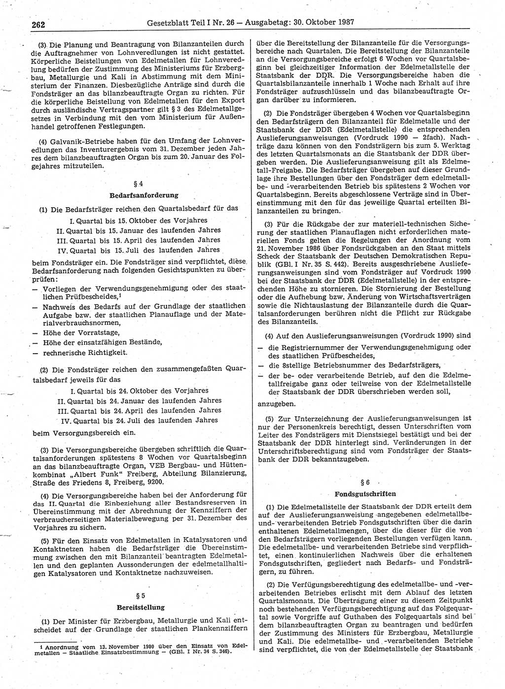 Gesetzblatt (GBl.) der Deutschen Demokratischen Republik (DDR) Teil Ⅰ 1987, Seite 262 (GBl. DDR Ⅰ 1987, S. 262)