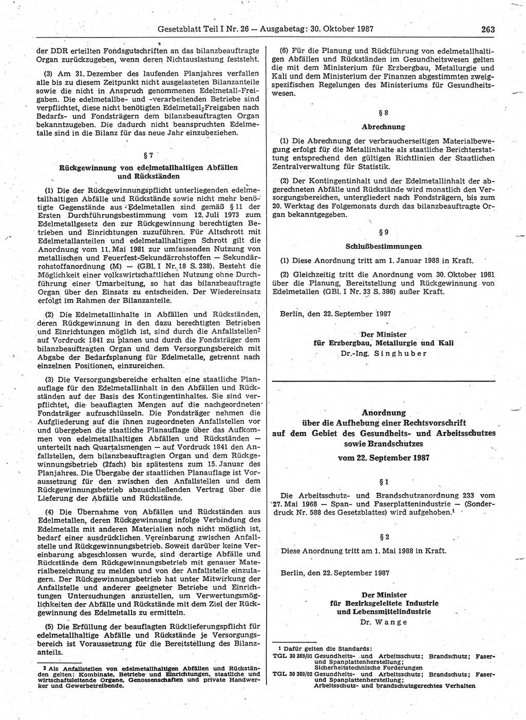Gesetzblatt (GBl.) der Deutschen Demokratischen Republik (DDR) Teil Ⅰ 1987, Seite 263 (GBl. DDR Ⅰ 1987, S. 263)