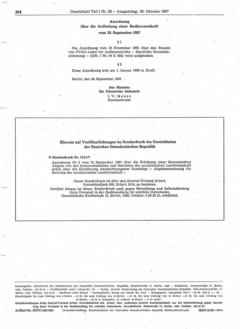 Gesetzblatt (GBl.) der Deutschen Demokratischen Republik (DDR) Teil Ⅰ 1987, Seite 264 (GBl. DDR Ⅰ 1987, S. 264)