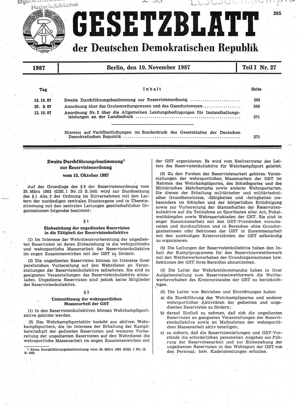 Gesetzblatt (GBl.) der Deutschen Demokratischen Republik (DDR) Teil Ⅰ 1987, Seite 265 (GBl. DDR Ⅰ 1987, S. 265)