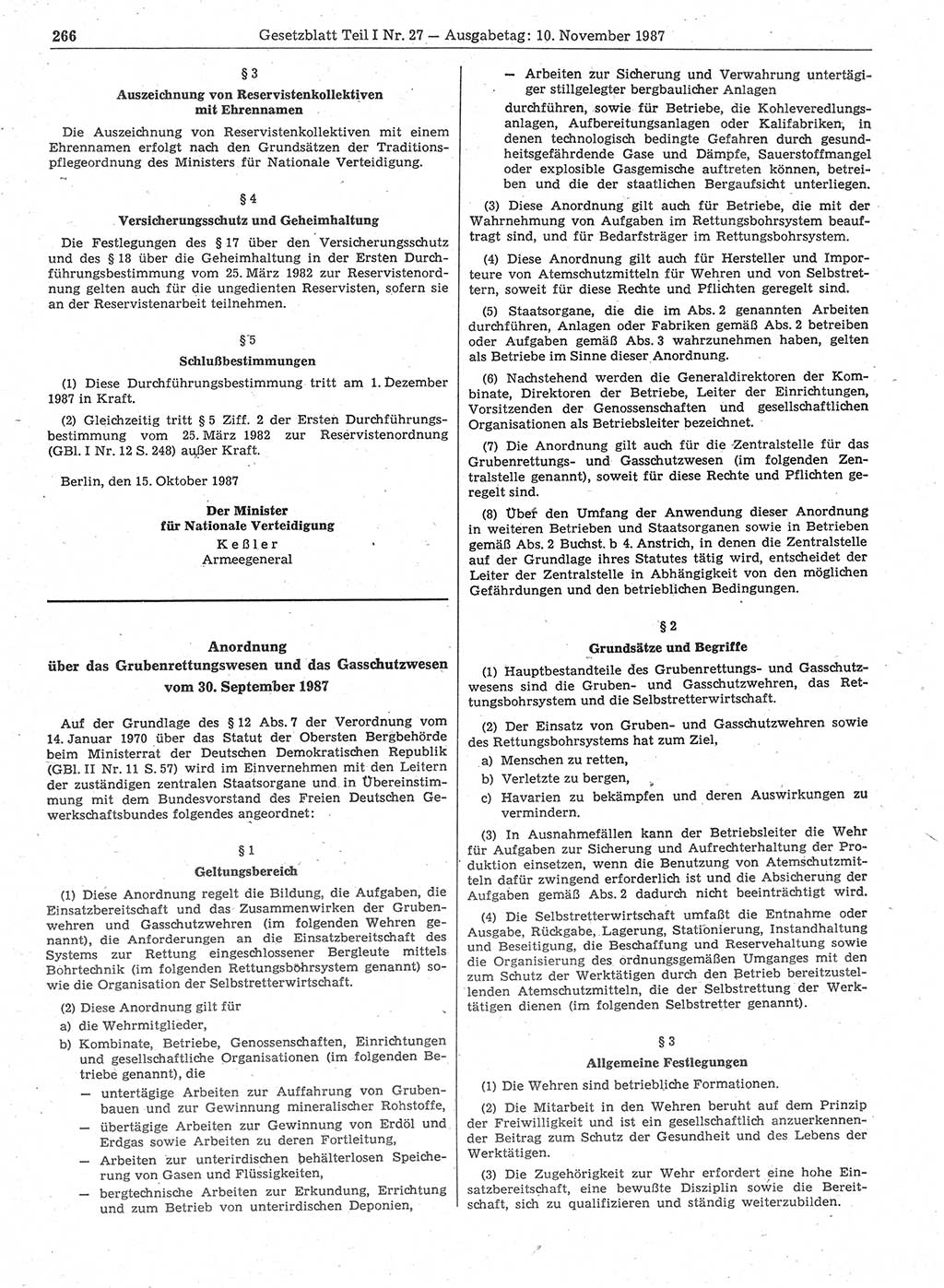 Gesetzblatt (GBl.) der Deutschen Demokratischen Republik (DDR) Teil Ⅰ 1987, Seite 266 (GBl. DDR Ⅰ 1987, S. 266)