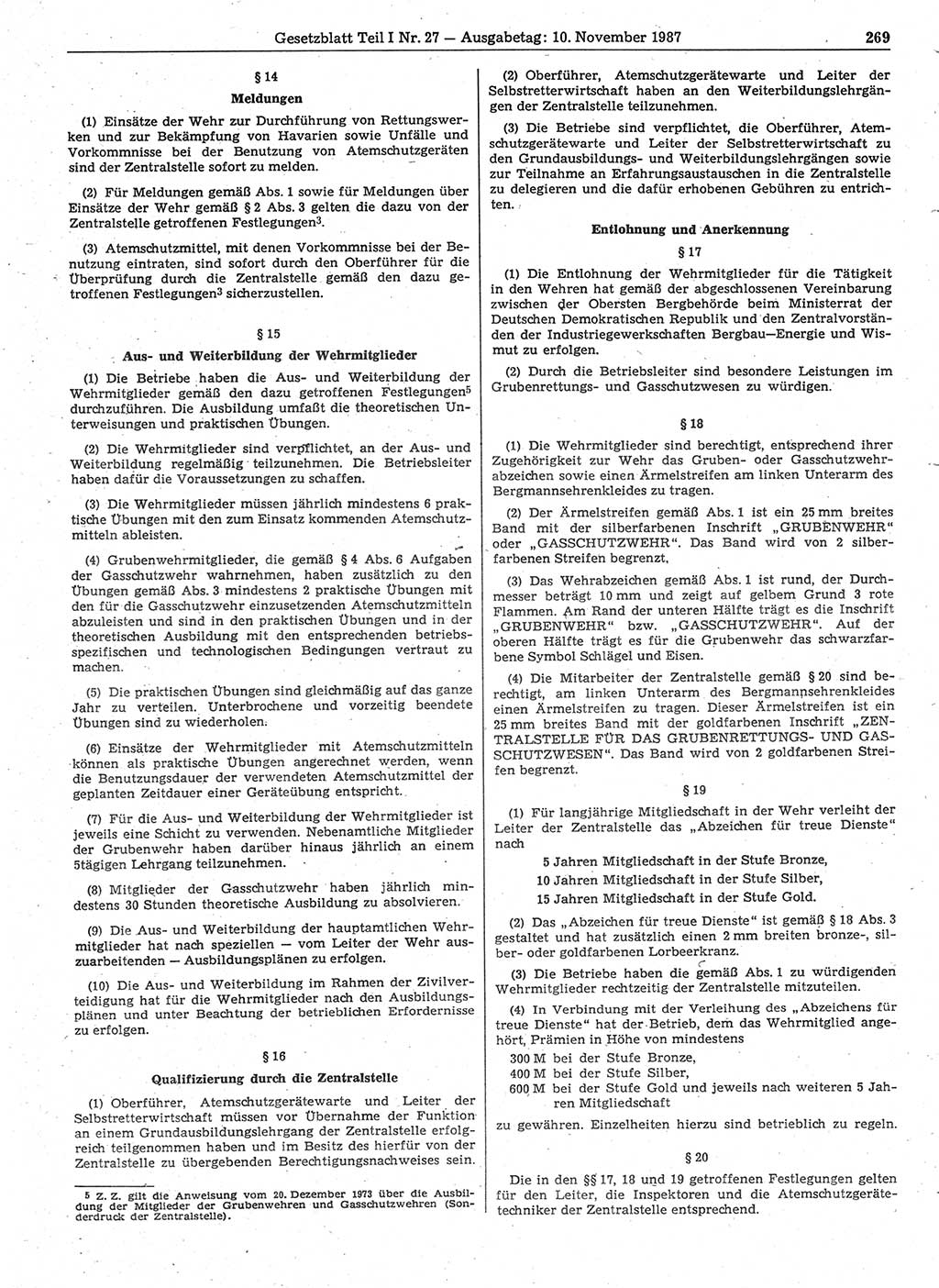 Gesetzblatt (GBl.) der Deutschen Demokratischen Republik (DDR) Teil Ⅰ 1987, Seite 269 (GBl. DDR Ⅰ 1987, S. 269)