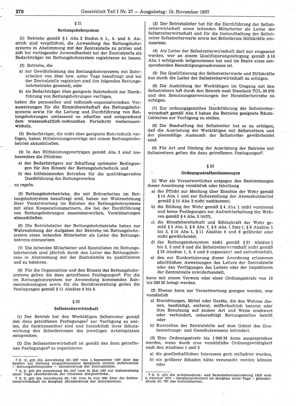 Gesetzblatt (GBl.) der Deutschen Demokratischen Republik (DDR) Teil Ⅰ 1987, Seite 270 (GBl. DDR Ⅰ 1987, S. 270)