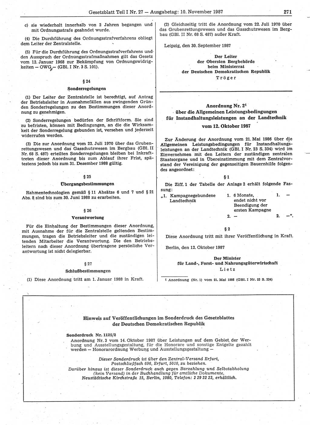 Gesetzblatt (GBl.) der Deutschen Demokratischen Republik (DDR) Teil Ⅰ 1987, Seite 271 (GBl. DDR Ⅰ 1987, S. 271)