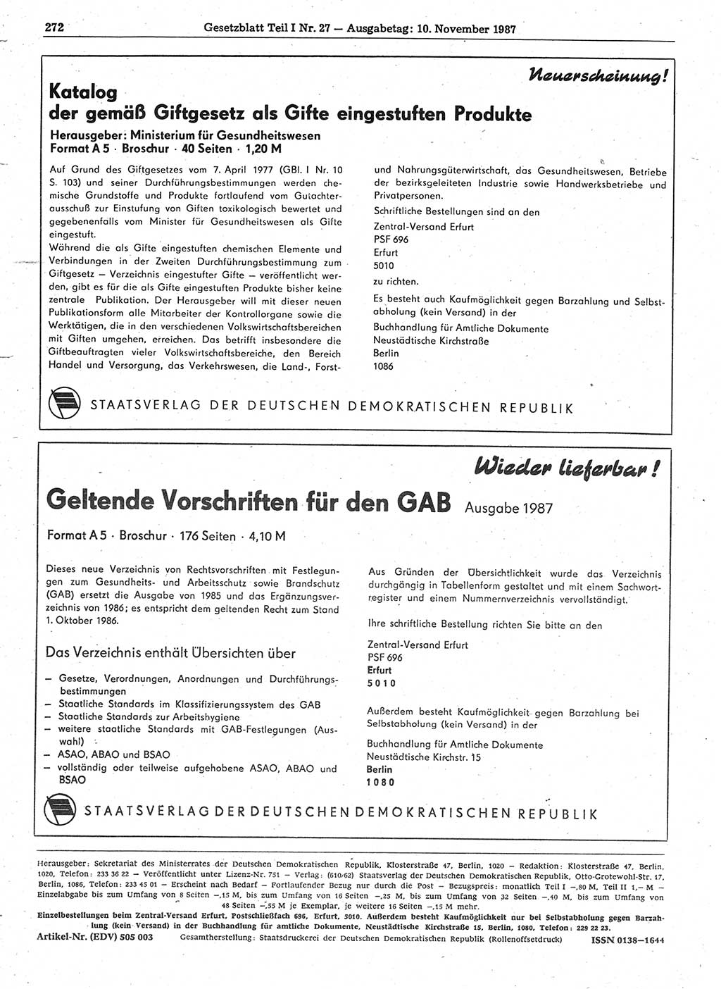 Gesetzblatt (GBl.) der Deutschen Demokratischen Republik (DDR) Teil Ⅰ 1987, Seite 272 (GBl. DDR Ⅰ 1987, S. 272)